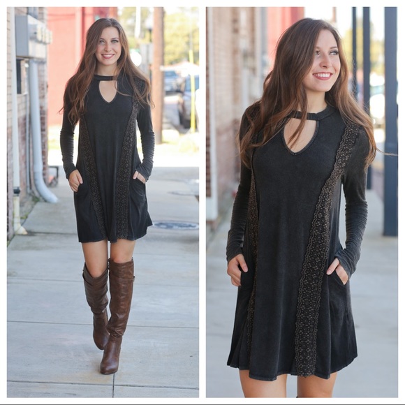 ✨LAST✨Charcoal Vintage Wash Lace Inset Dress - Picture 2 of 6