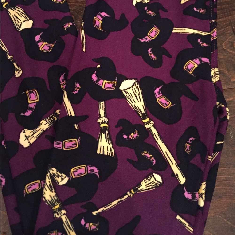 Purple Lularoe witch hat and broom leggings L/XL