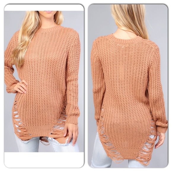 🚨1 Lg LEFT Distressed Curved Hem Knit Sweater - Picture 5 of 7