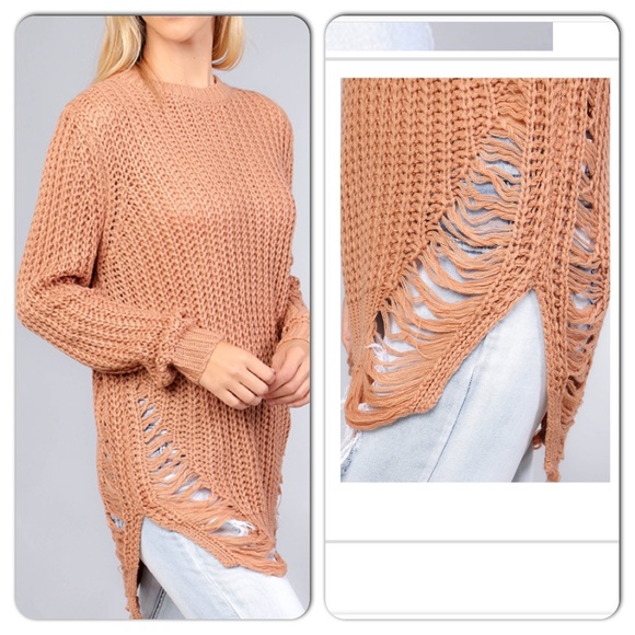 🚨1 Lg LEFT Distressed Curved Hem Knit Sweater - Picture 6 of 7