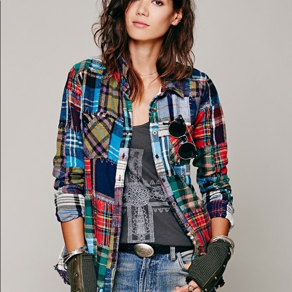 Free People plaid patchwork flannel size M