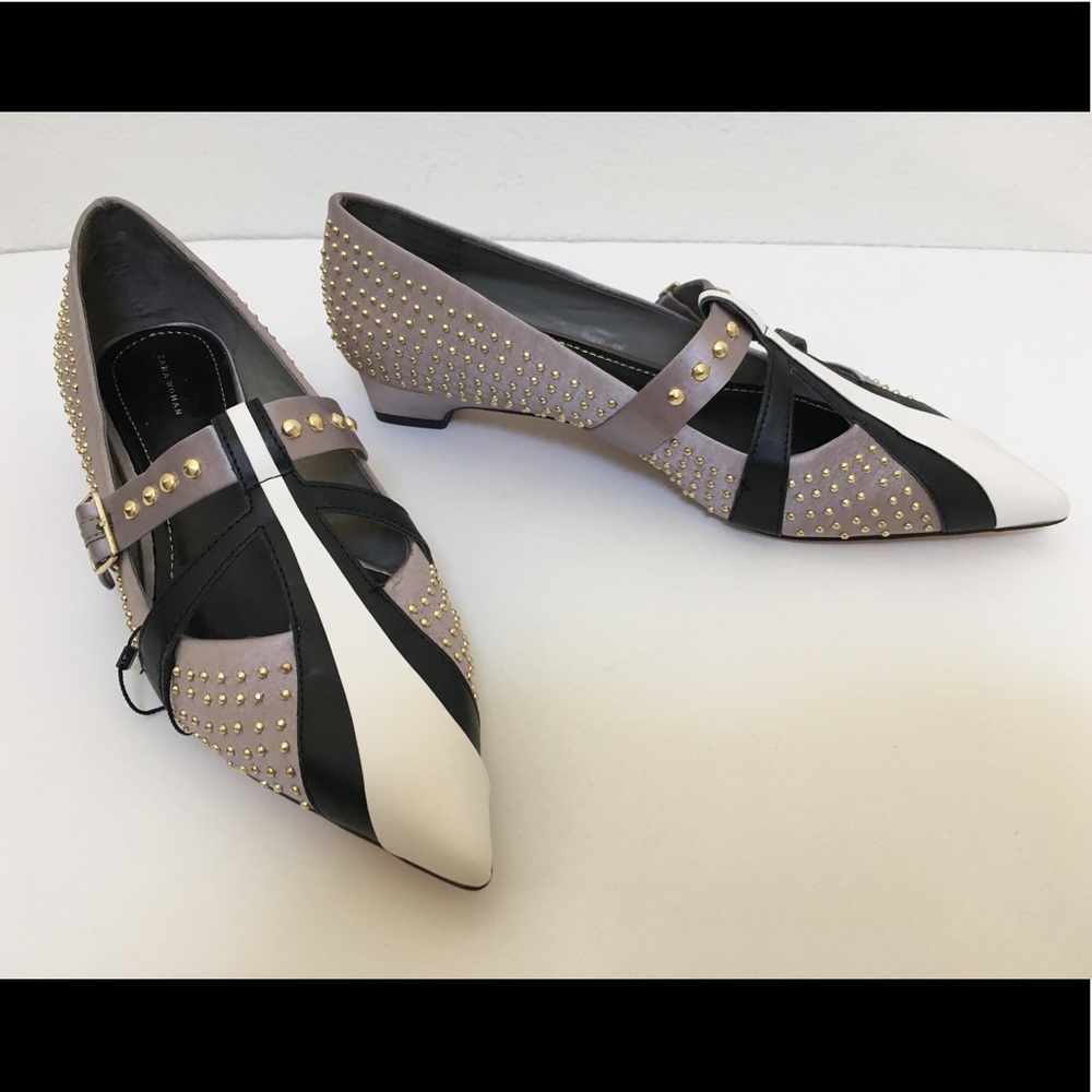 ZARA Studded Ballerinas Grey Satin Flats Heels