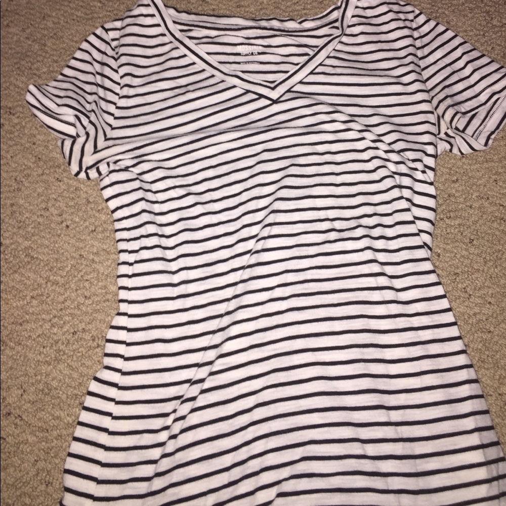 black and white striped V neck