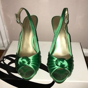 Green silk high heels