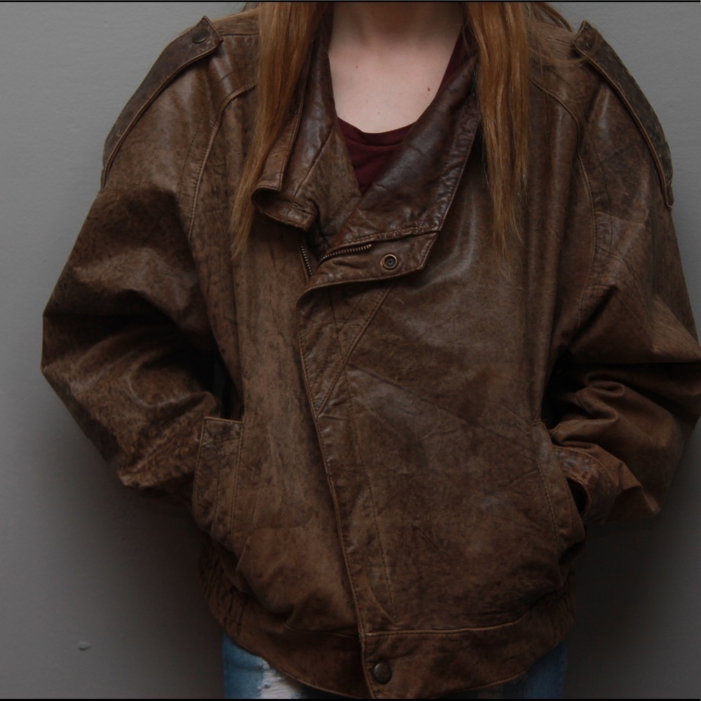 Vintage distressed brown leather bomber jacket