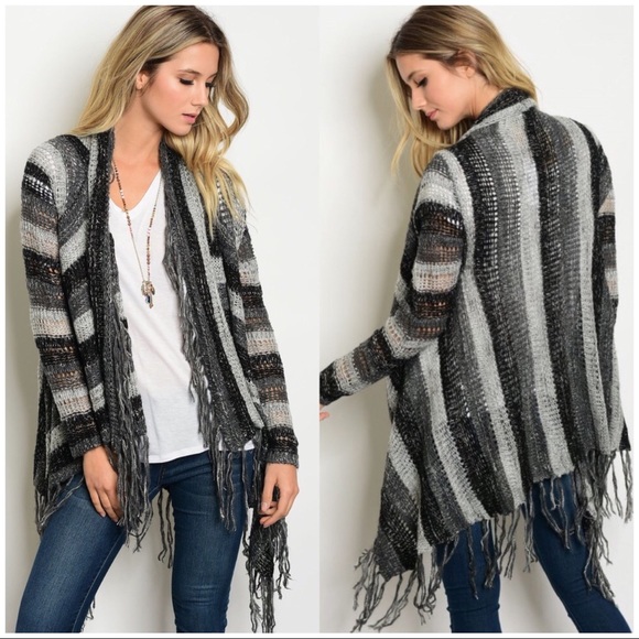 Sweaters - Fringed Striped Cardigan