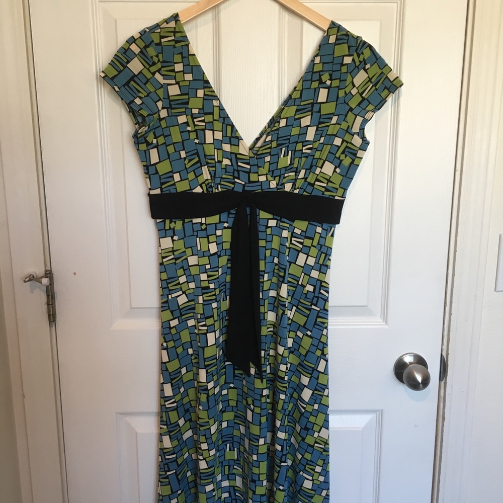 London Time Blue+Green Checked Dress w/ Black Belt