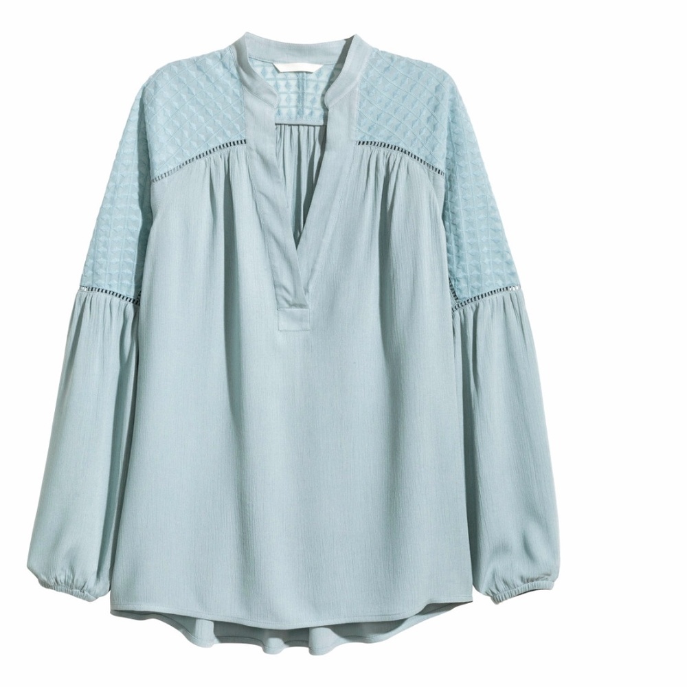Light Blue V-neck Embroidered Crinkled Blouse