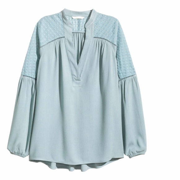 Light Blue V-neck Embroidered Crinkled Blouse - Picture 1 of 8
