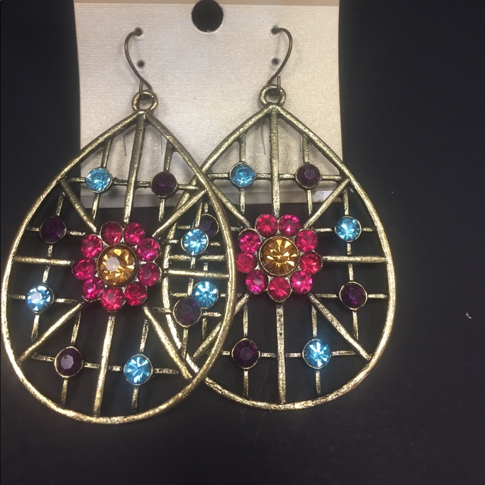 Colorful large earrings w/pink & blue stones - Picture 3 of 3