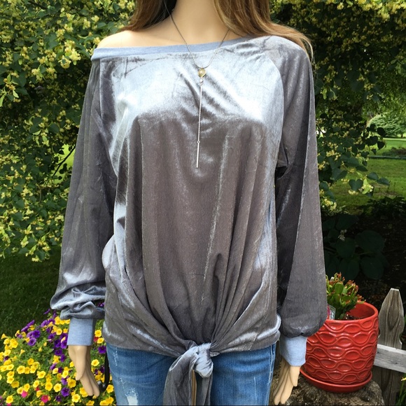 QUALITY SOFT SILVER GRAY VELVET TIE TOP - Picture 2 of 6
