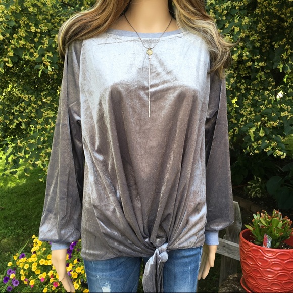 QUALITY SOFT SILVER GRAY VELVET TIE TOP - Picture 4 of 6
