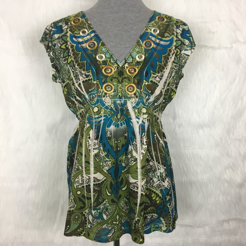 Unity Boho Green Abstract Embroidered Blouse - image 1