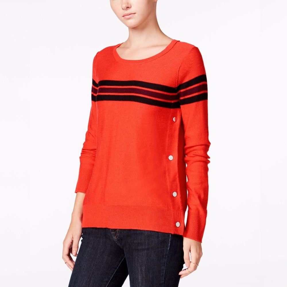 Maison Jules Striped Button-Detail Sweater RED