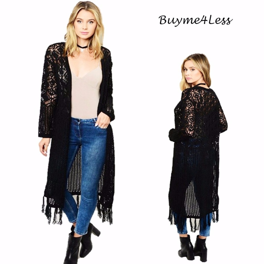 BOHO Hippie Black Eyelet Fringed Sweater Cardigan
