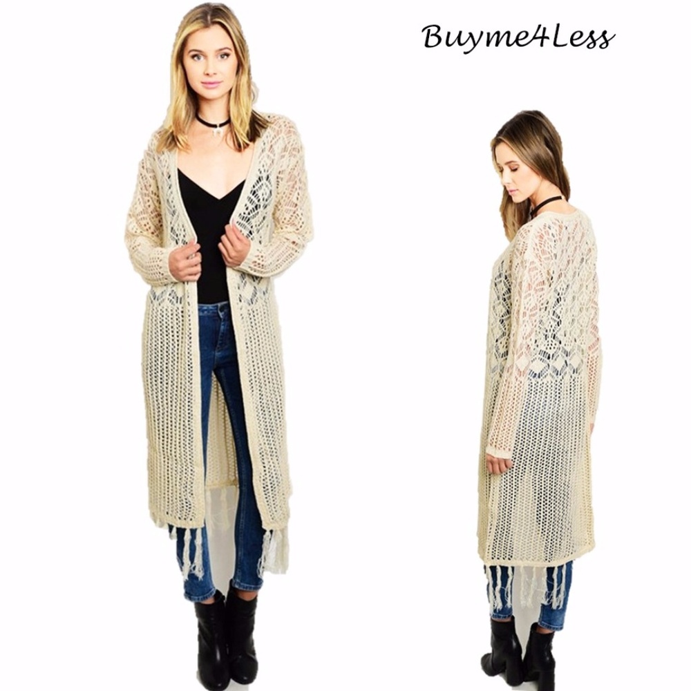 BOHO Hippie Cream Eyelet Fringed Sweater Cardigan