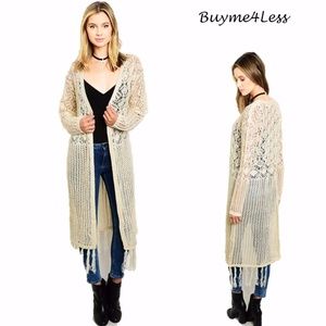BOHO Hippie Cream Eyelet Fringed Sweater Cardigan