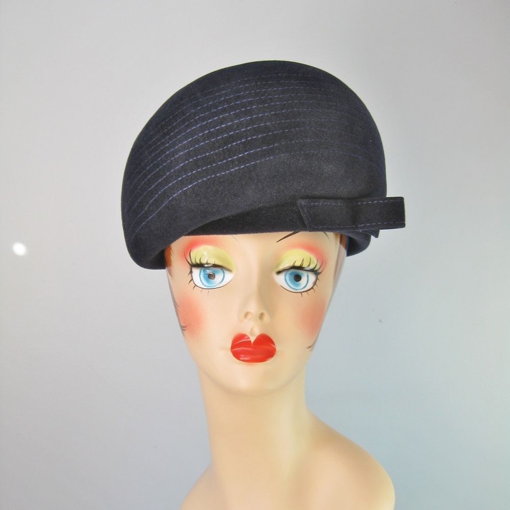 Vintage Hat Blue Wool Felt Helmet Style