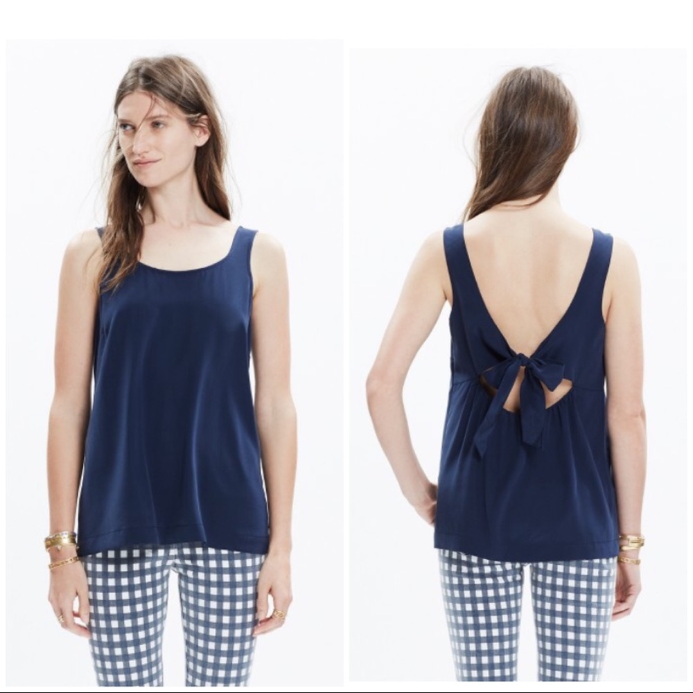 Madewell Silk Deep Navy Bow-Back Top XXS