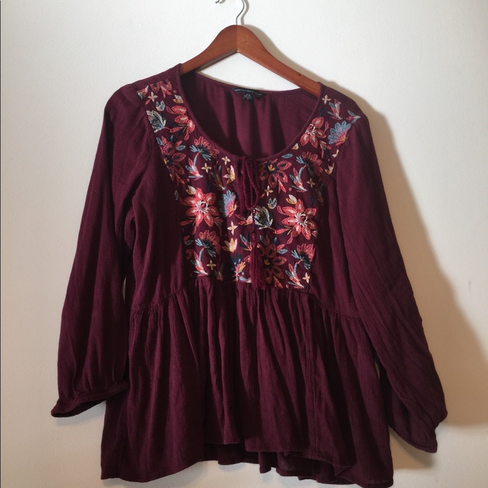 American Eagle Burgundy Peasant Top | Size M