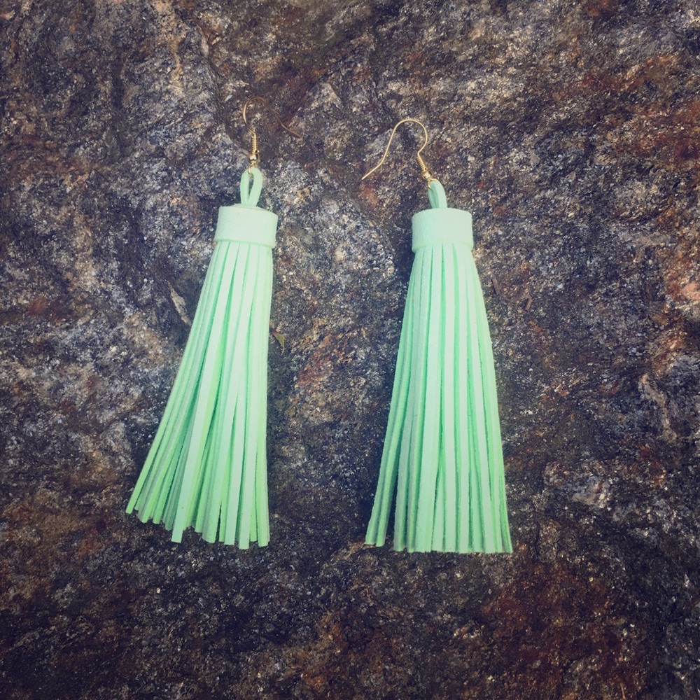 Sale Mint Leather Tassel Earrings with Gold Hooks