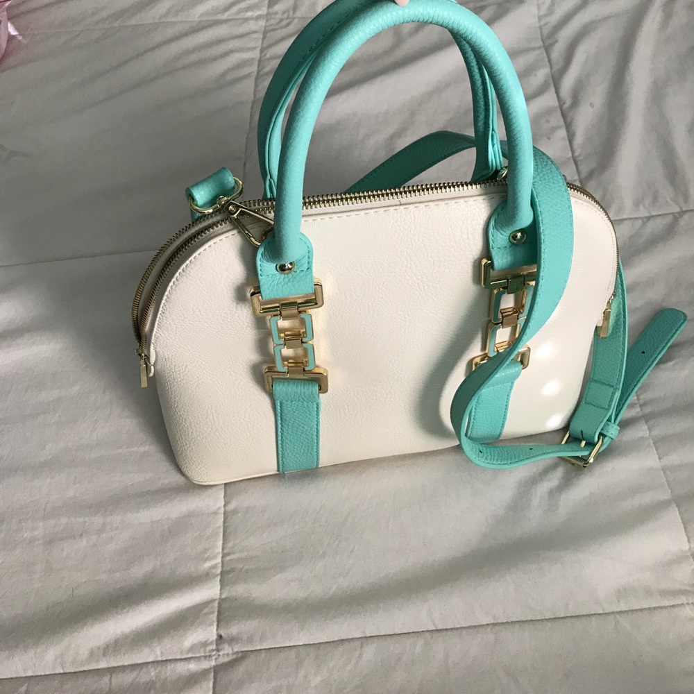 White and Teal Charming Charlie Midi Tote