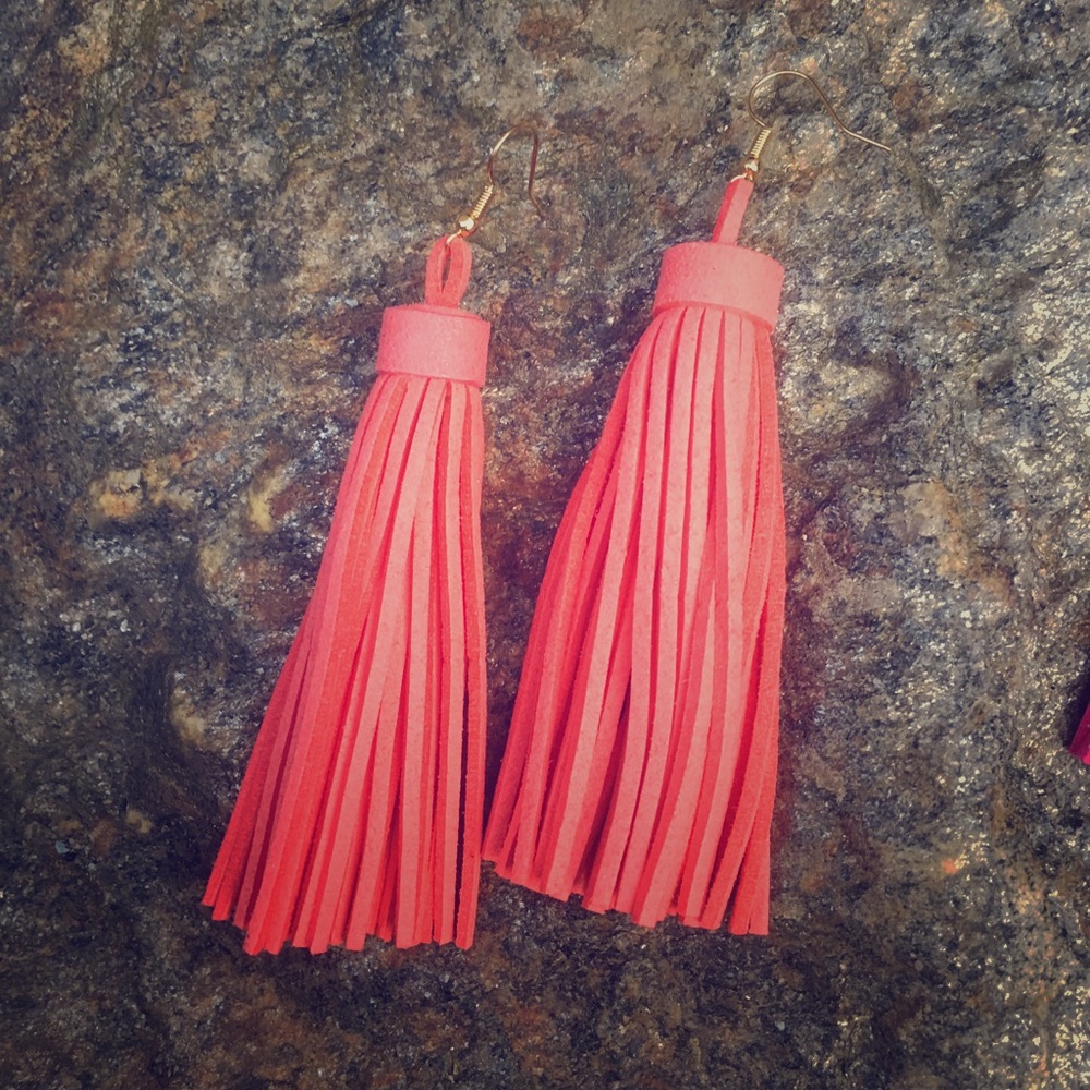 Sale Coral Leather Tassel Earrings with Gold Hooks