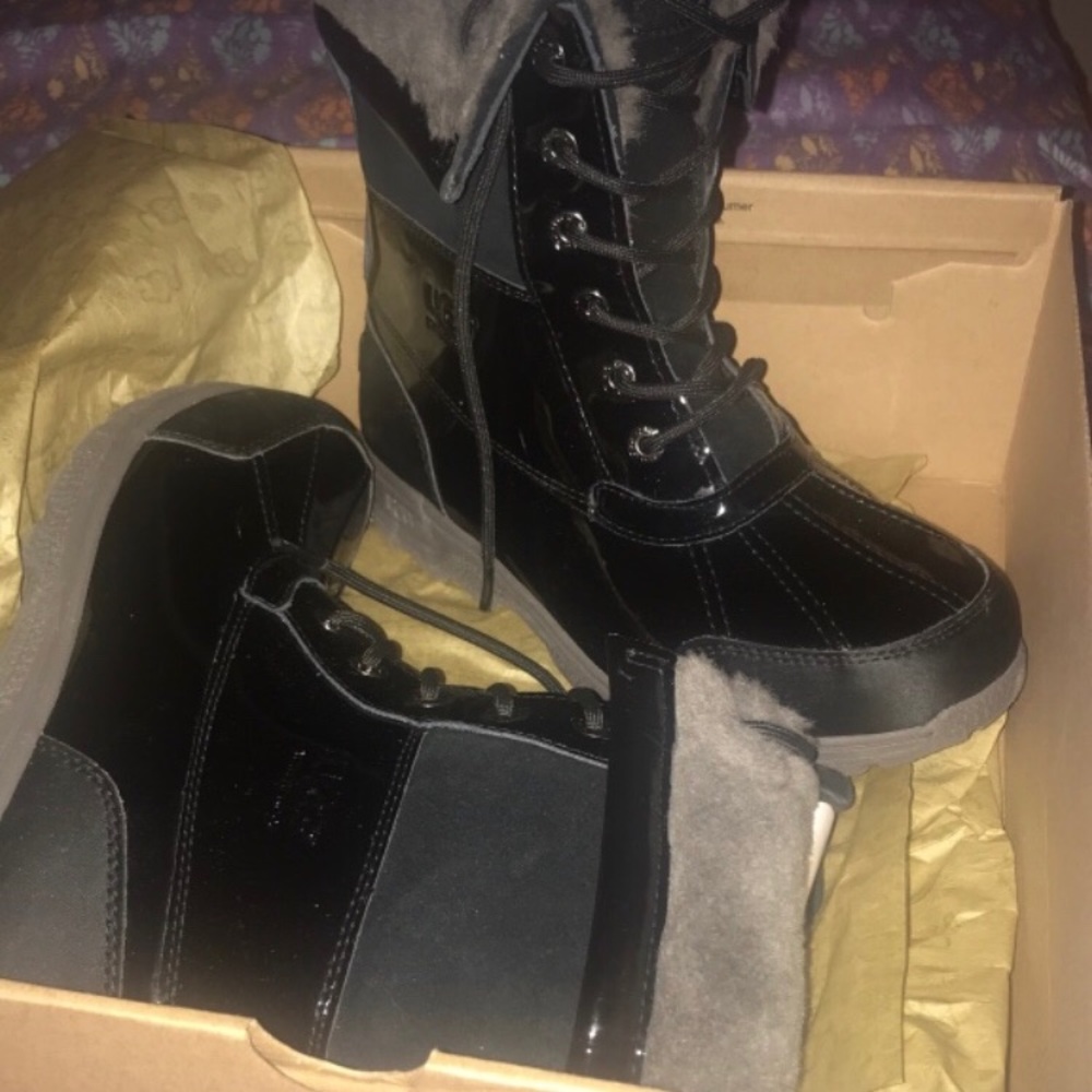 Black paten leather butte UGG boots