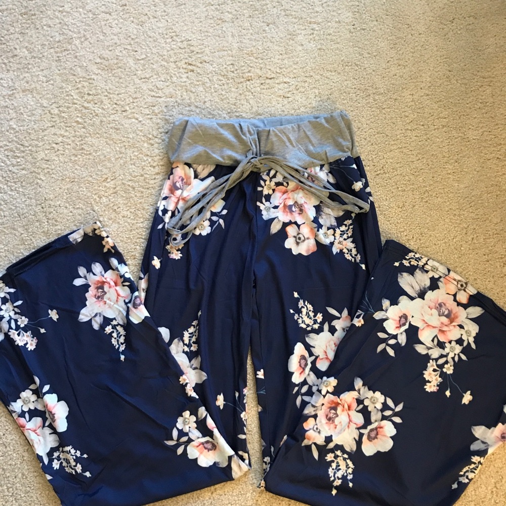 Navy and Pink Floral Wide Leg Flare Pajama Pants