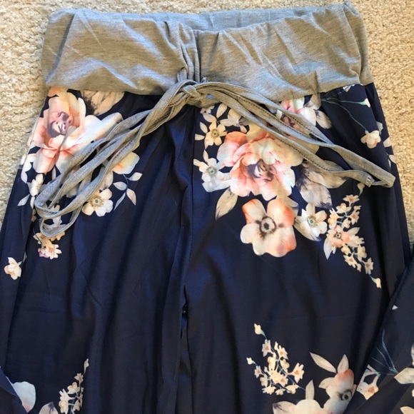 Navy and Pink Floral Wide Leg Flare Pajama Pants - Picture 3 of 3