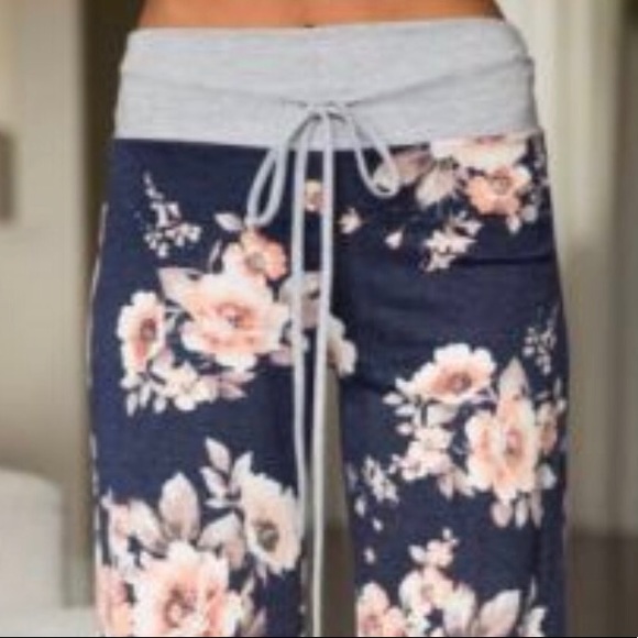 Navy and Pink Floral Wide Leg Flare Pajama Pants - Picture 2 of 3