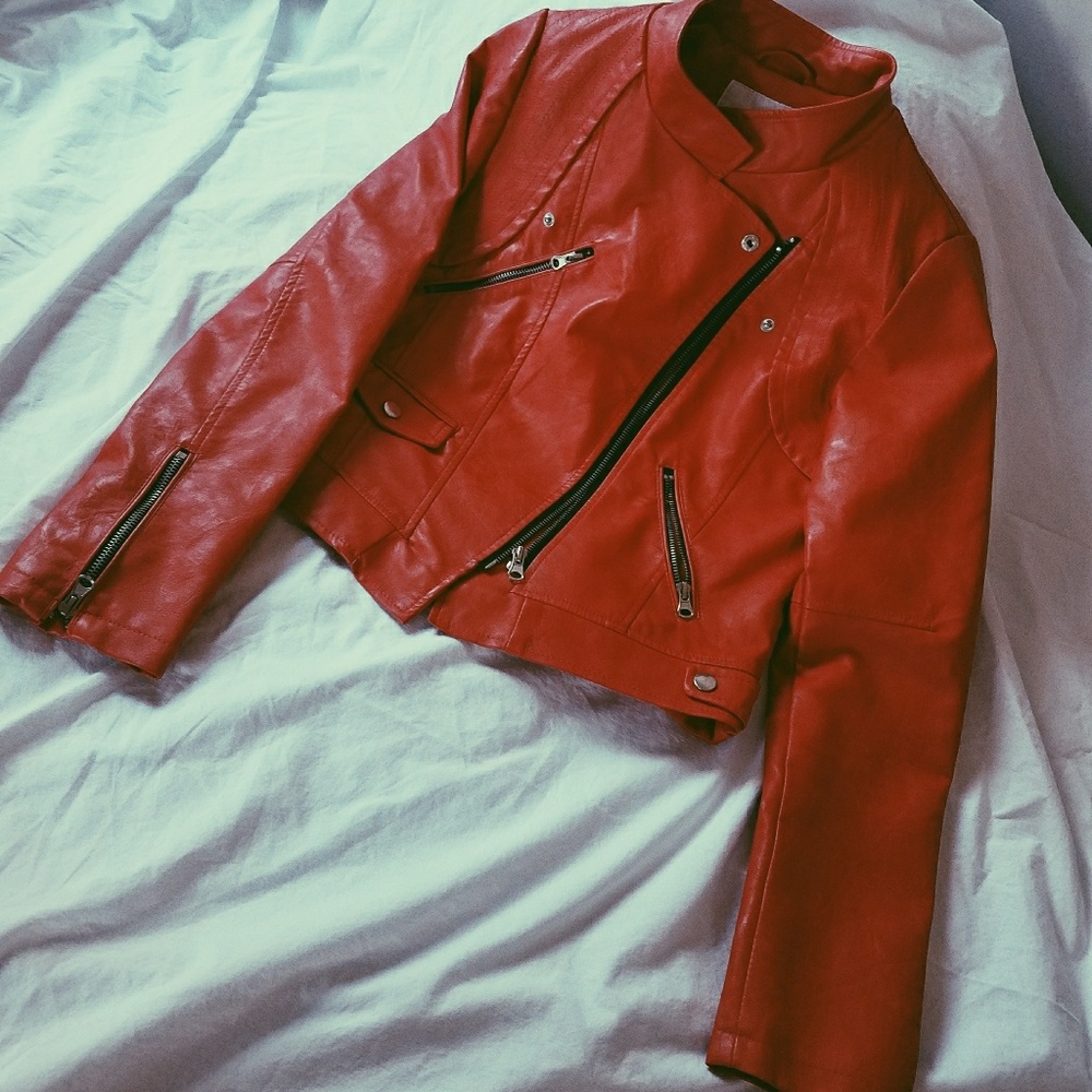 Red faux leather jacket