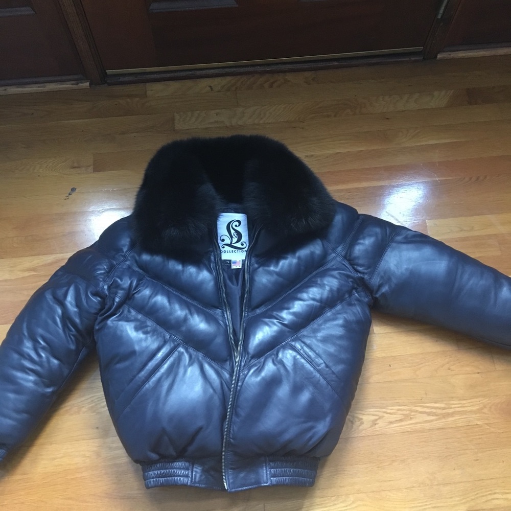 Leather V Bomber Jacket with Black Mink collar