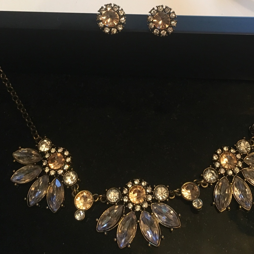 Brown Crystal Statement Necklace & Flower earring