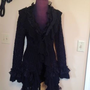 Long Black Knit Lace Trim Cardigan