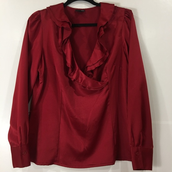 GUC DEEP RED RUFFLE SATIN FEEL BLOUSE L - Picture 4 of 4