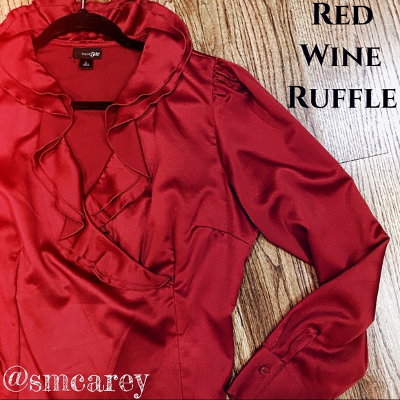 East 5th Tops - GUC DEEP RED RUFFLE SATIN FEEL BLOUSE L
