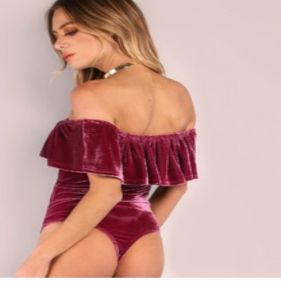 Purple Velvet Off the Shoulder Bodysuit - Picture 2 of 6