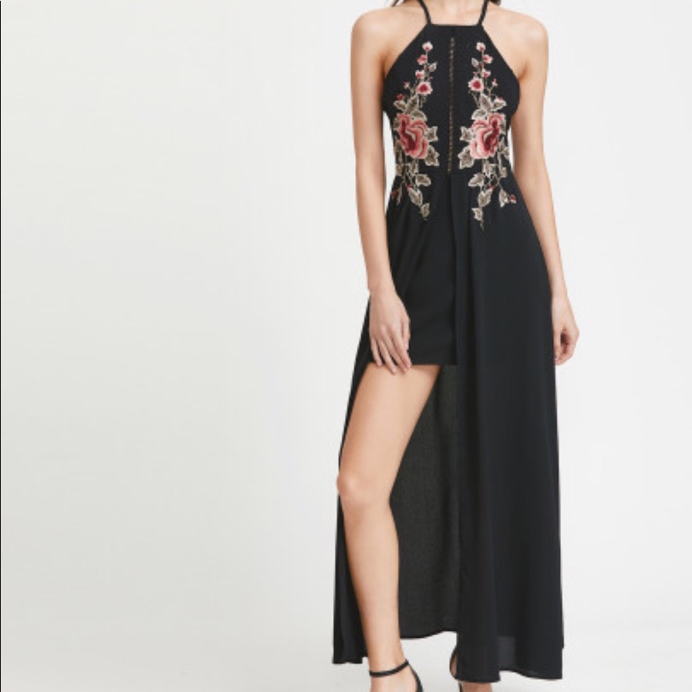 Crisscross Back Cutout Embroidered Overlay Dress