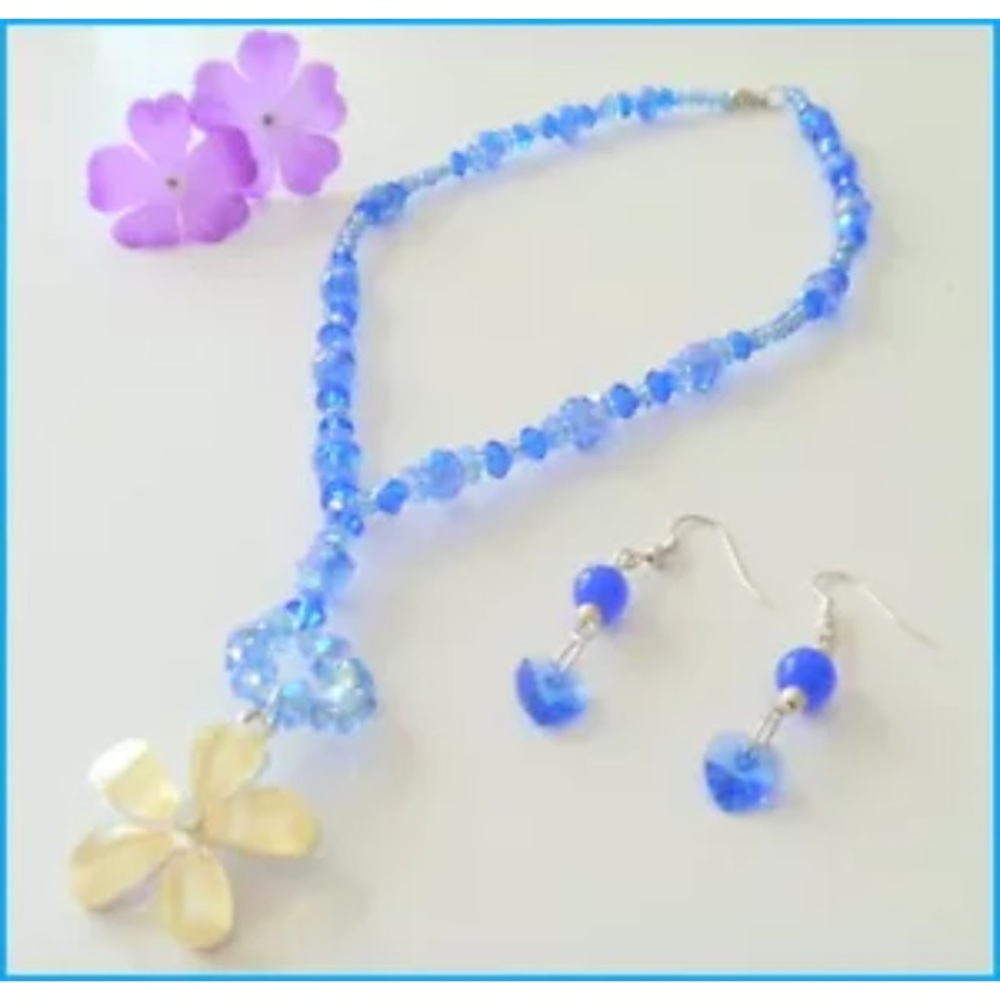 Blue Crystal Bead Necklace Set Flower Pendant