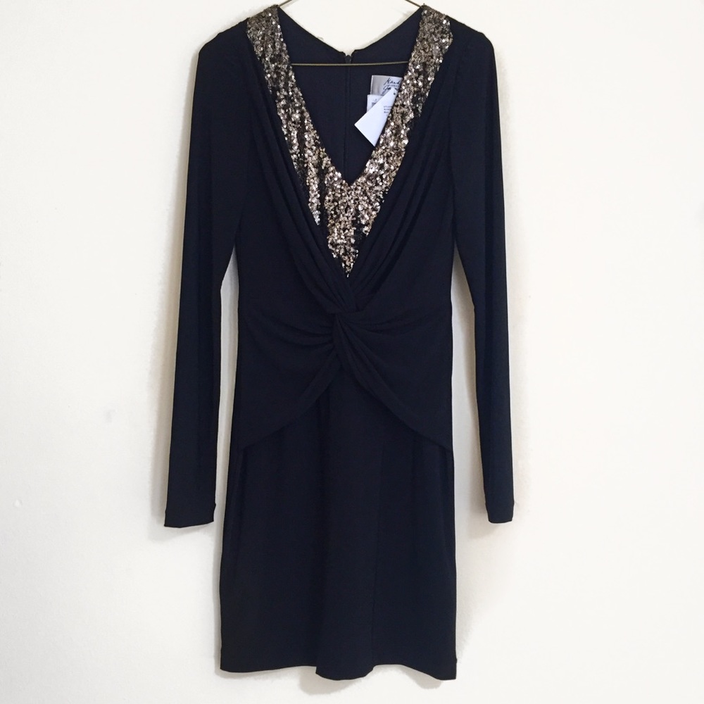 Badgley Mischka Black Gold Long Sleeve Dress