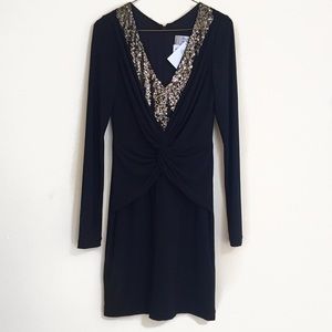 Badgley Mischka Black Gold Long Sleeve Dress