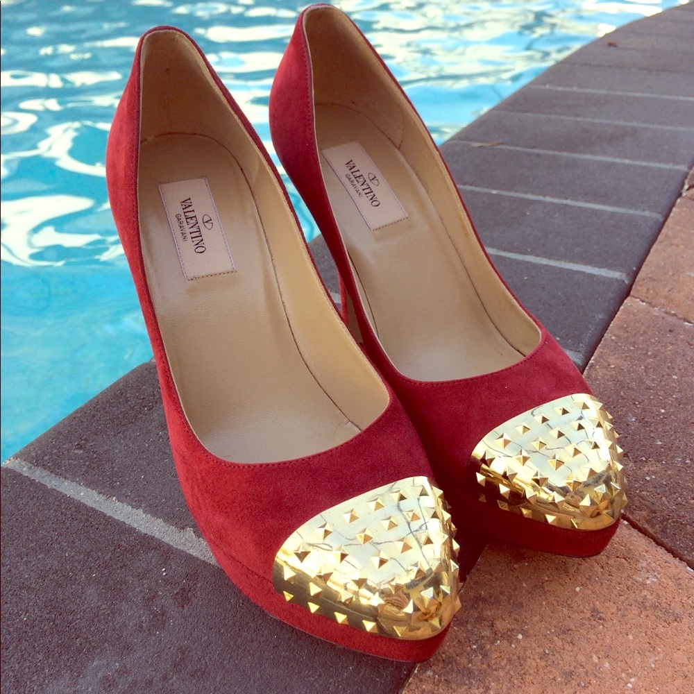 Valentino Rockstud Red Suede Gold Cap Toe Stiletto