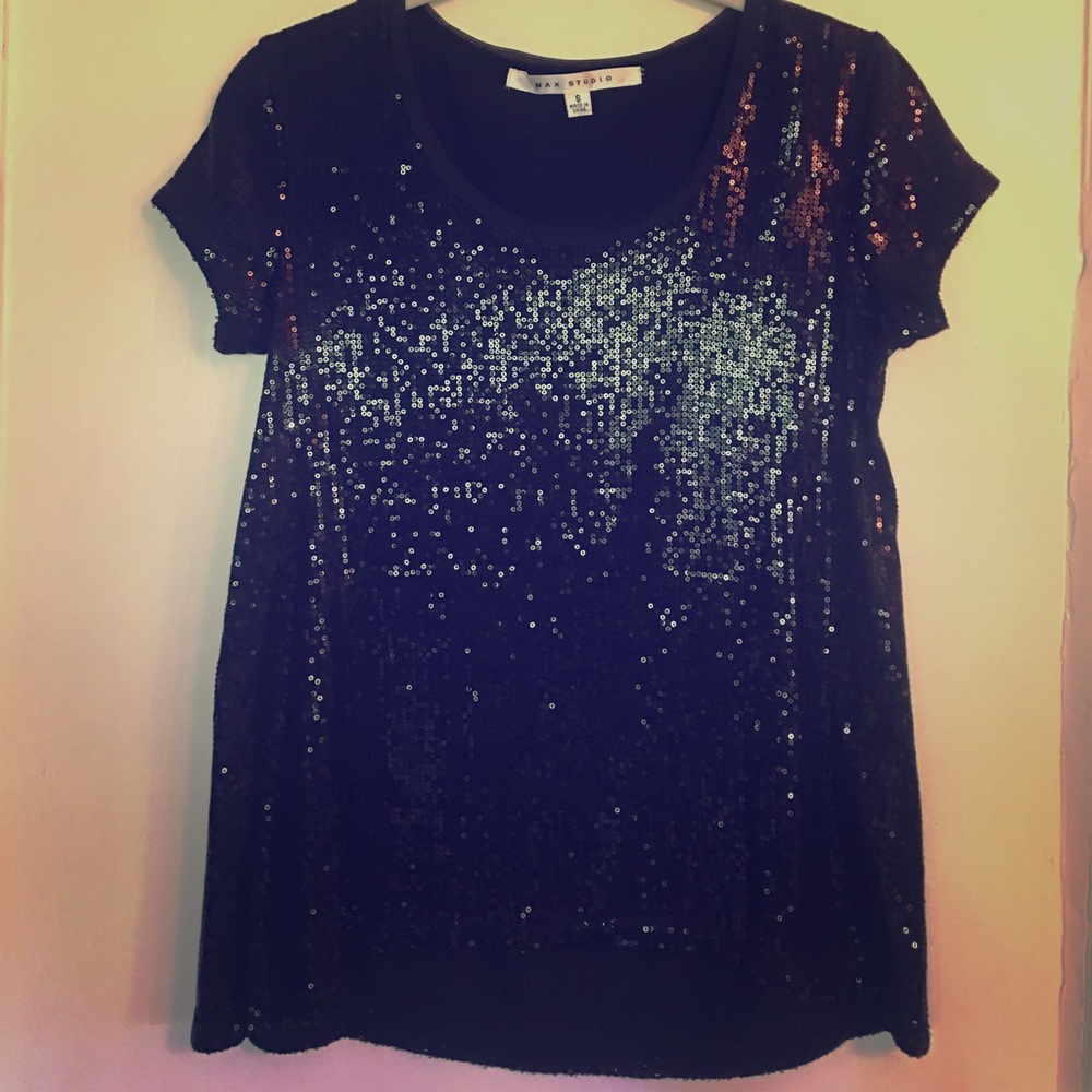 Max Studio Black Sequin Tshirt Tee Top- NWOT- Sz S