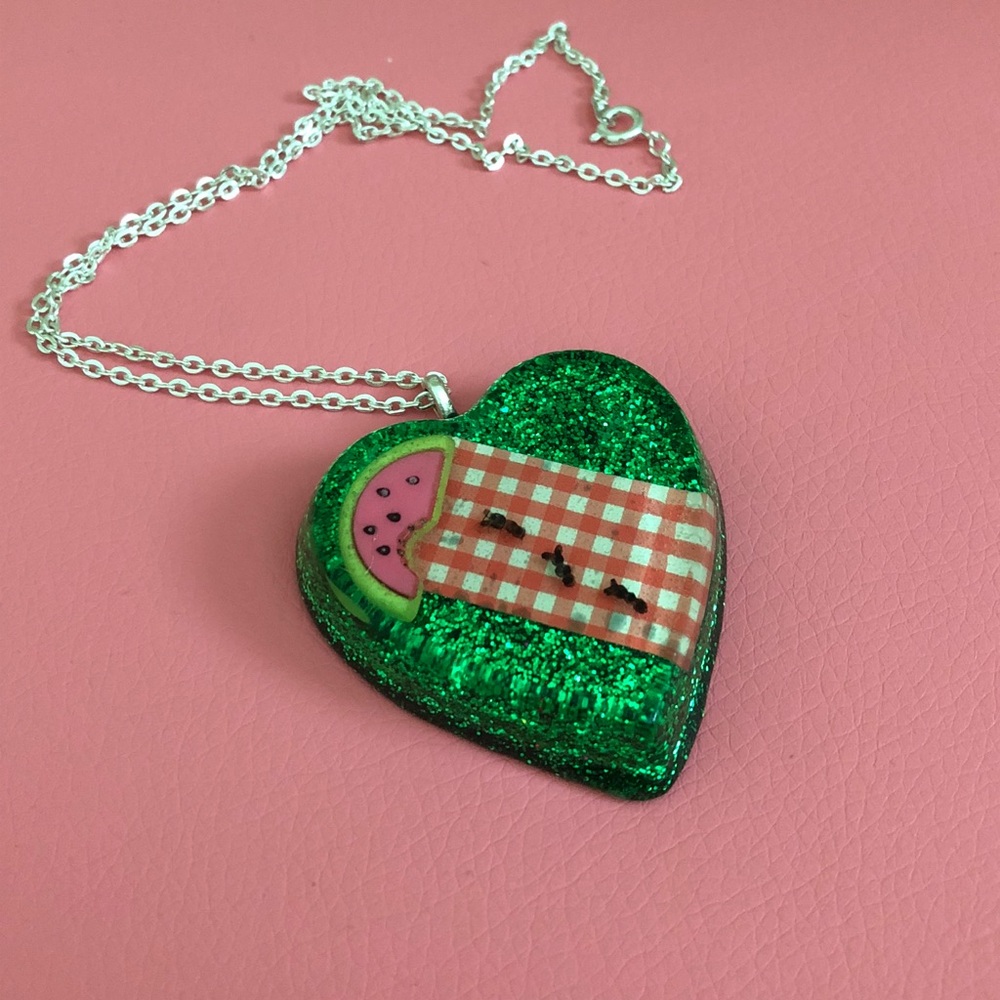 Picnic Invaders Watermelon Resin Glitter Heart Necklace