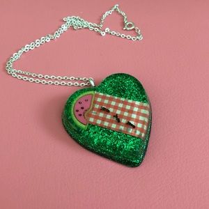 Picnic Invaders Watermelon Resin Glitter Heart Necklace