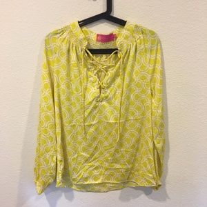 Macbeth Collection by Margaret Josephs Tops - Margaret Josephs yellow printed lace up blouse Macbeth Collection by Margaret Josephs Tops - Margaret Josephs yellow printed lace up blouse