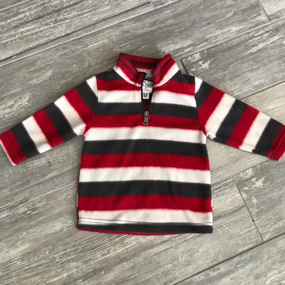 Red, gray and white fleece pullover