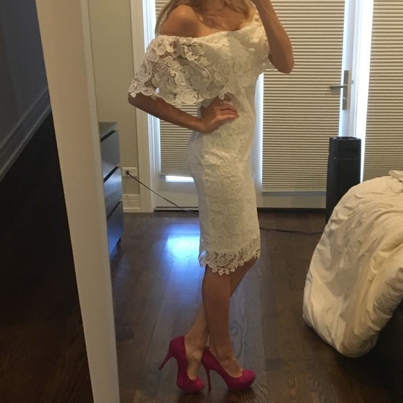 Lac Bleu Dresses & Skirts - White scalloped lace midi dress off shoulder