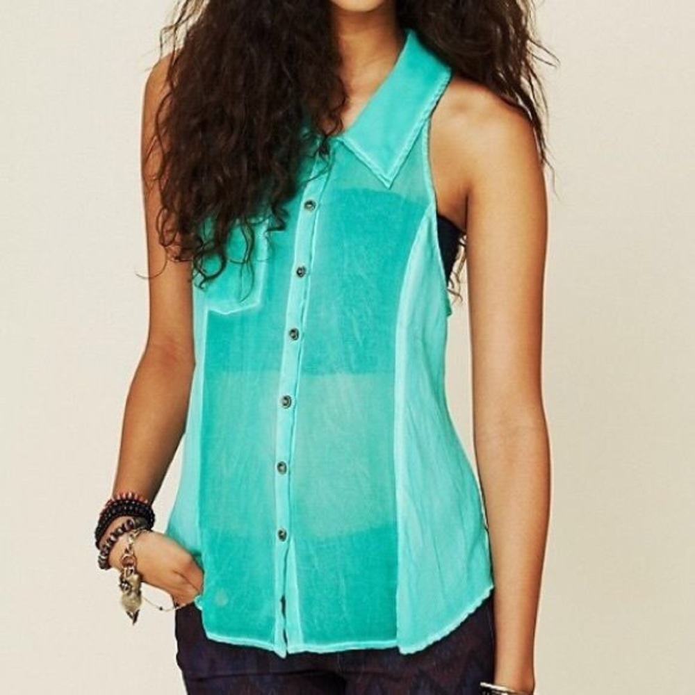 Free People green sleeveless button down shirt